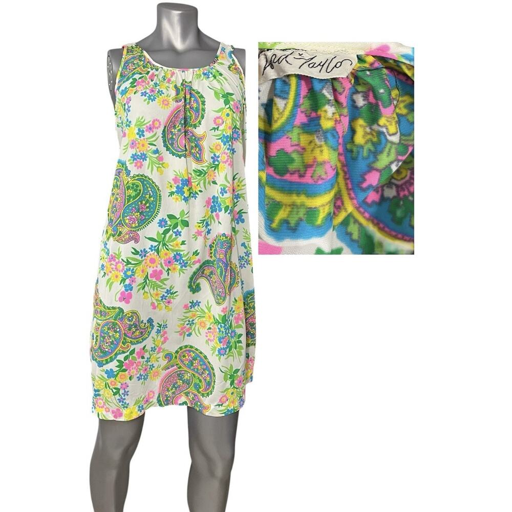 Vtg Mod Shift Dress 70s Lord & Taylor Large Paisley Psychedelic Festival Bright